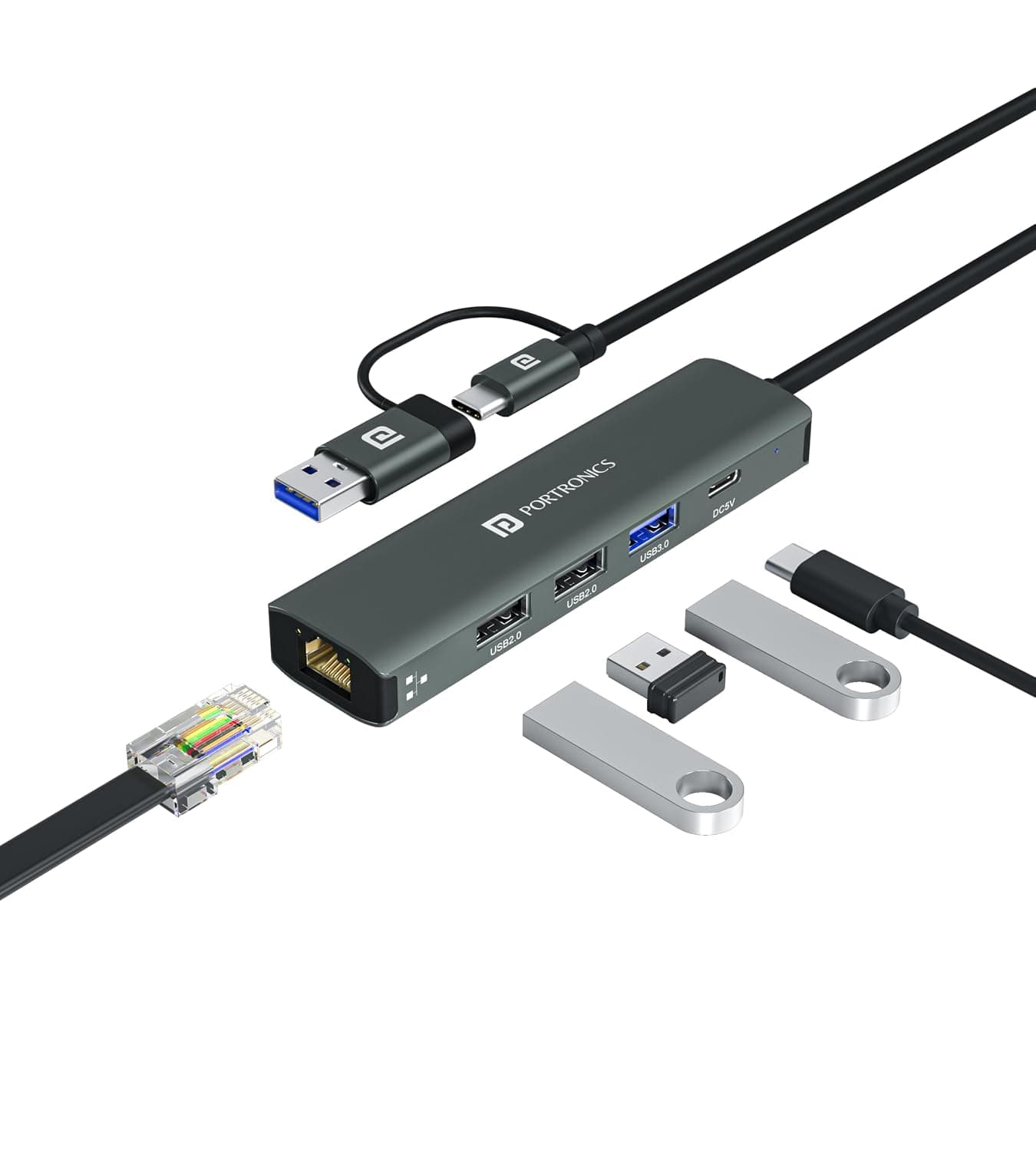 Portronics Mport Edge,5 Ports Dual USB Hub Dock, Superfast USB 3.0, High Speed 2.0, Type-C 5V2A Port, 100 Mbps RJ45 Ethernet, Versatile & High-Speed Connectivity Hub for Laptops & Desktops (Grey) - Buy on Amazon