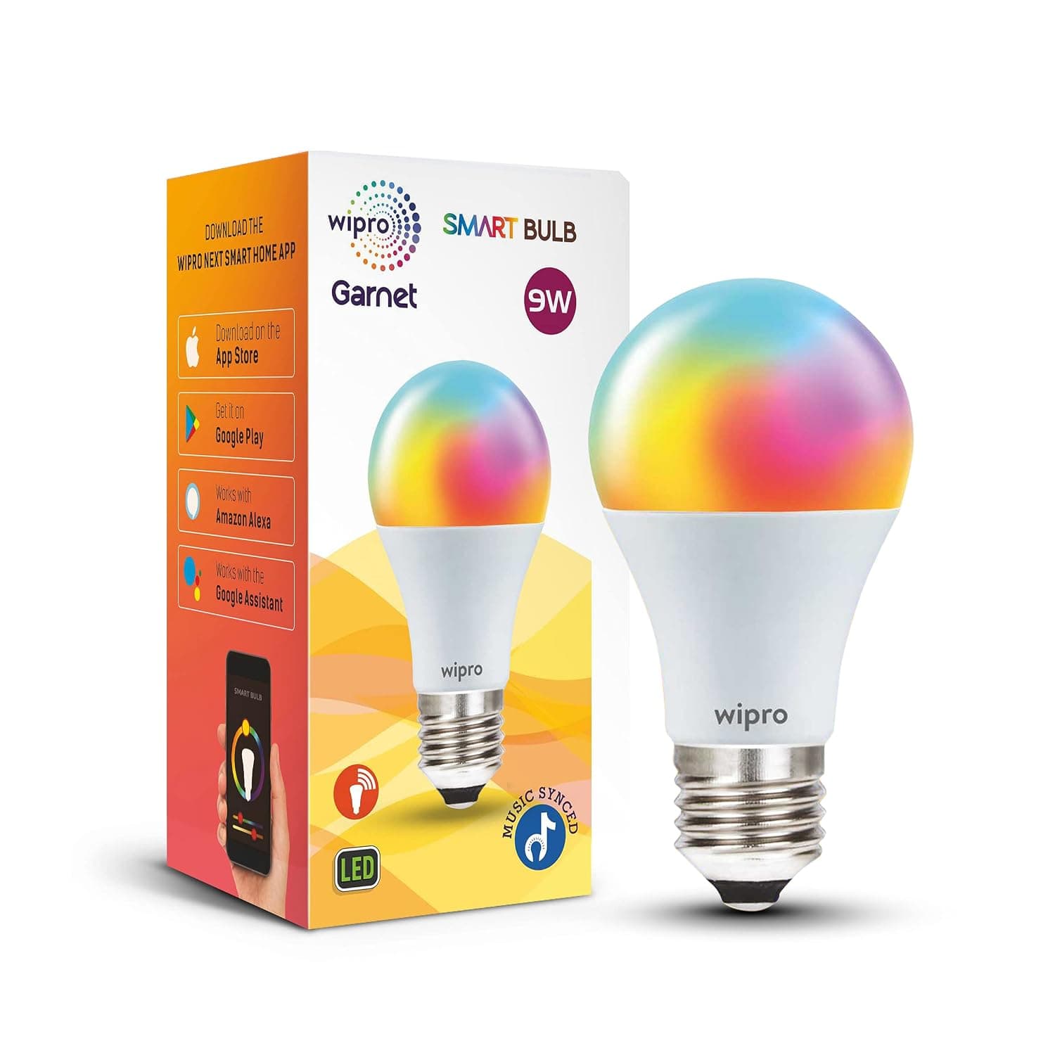 wipro 9-Watt E27 WiFi Smart LED Bulb with Music Sync (16 Million Colours + Warm White/Neutral White/White) (Compatible with Amazon Alexa and Google Assistant), Standard (NS9500) - Buy on Amazon